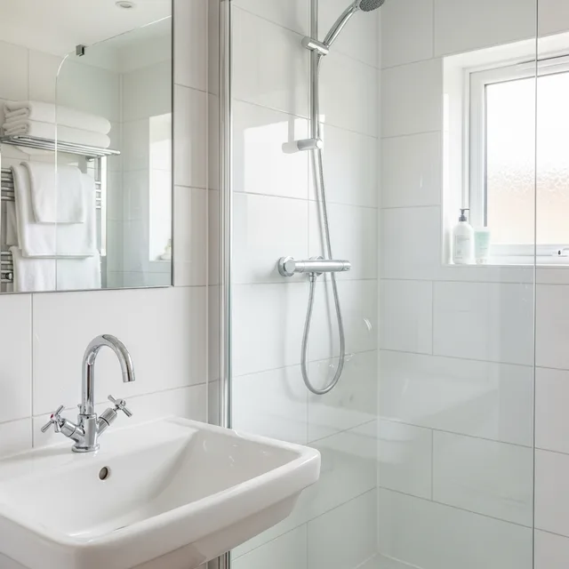 Sparkling clean bathroom with spotless basin and shower screen cleaned by DustBlasters in Peterborough