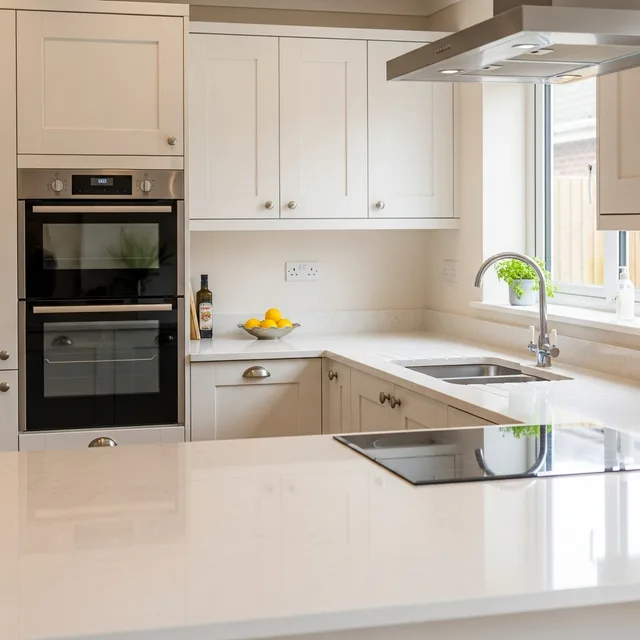 Spotlessly clean kitchen worktops and cabinets after a deep clean by DustBlasters in Peterborough