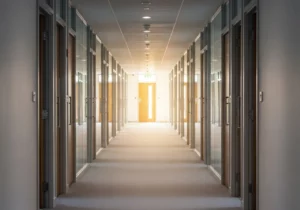 Clean office corridor with fresh carpet cleaned by DustBlasters in Peterborough